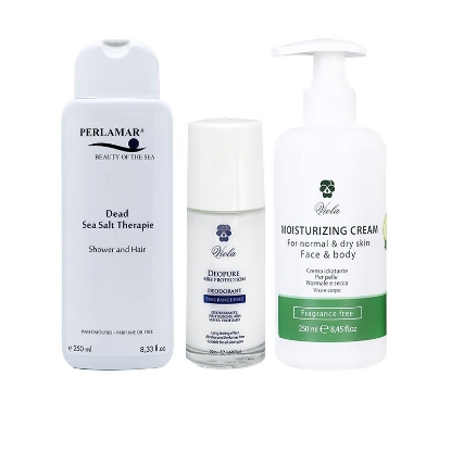  فيولا كريم مرطب + فيولا مزيل التعرق + بيرلامار شاور ضد القشرة بأملاح البحر الميت باكدج 