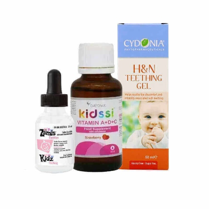 كيدز التسنين 25 مل +دايونيكس كيدزي فيتامين أ + د + سي نقط للأطفال 30 مل +اتش اند ان جل التسنين 50 مل باكدج