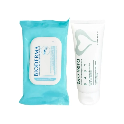 مجموعة بيوفيرا بيبي كريم لطفح الحفاض 100 مل + بيوديرما اي بي سي ديرم مناديل مبللة 60 قطعة